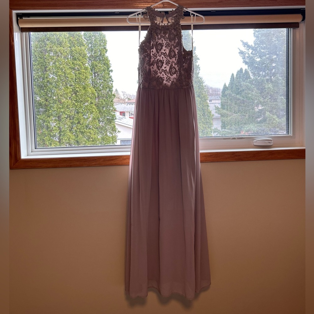Long formal chiffon halter greyish/purple dress with gold lace details